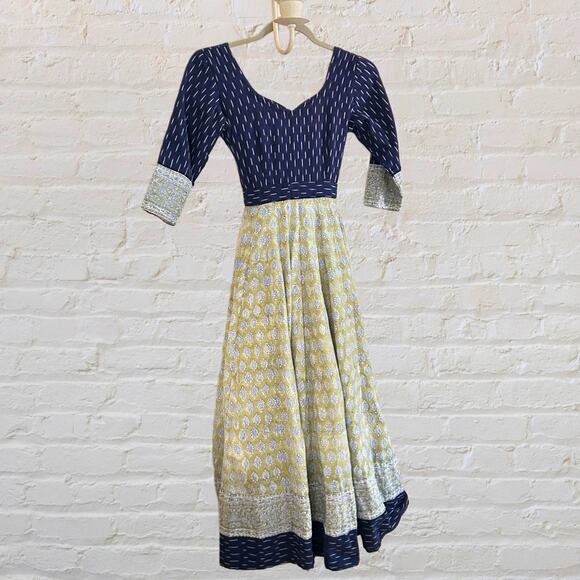 Vintage Indian Block Print Cotton Maxi Dress Cottagecore Prairie, Mint Condition - Picture 3 of 8